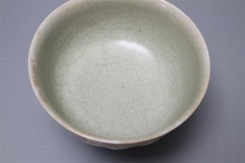 A Chinese Guan type celadon ground stem bowl, height 11cm